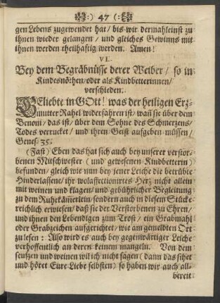 VI. Bey dem Begräbnüsse derer Weiber/ so in Kindsnöthen/ oder als Kindbetterinnen/ verschieden