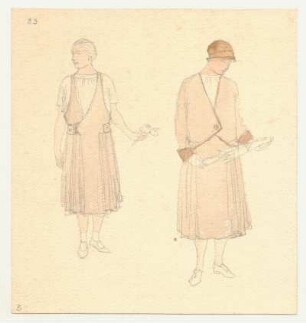 Entwurf Damenkleid : Schürzenkleid, Rockfalten seitlich der Mitte, Trägeroberteil, Bluse kurzärmlig, Jacke mit einem Knopf zu schließen, Hut, Pumps; Variante Innenraum und Straße