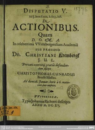 Disputatio V ... de actionibus...