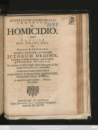 Dissertatio Inauguralis Iuridica, De Homicidio