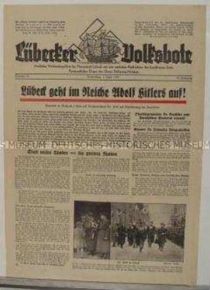 Titelblatt des Nachrichtenblattes "Lübecker Volksbote" mit Auszügen aus der Rede von Reichsminister Frick zur Geschichte der Stadt und deren Bedeutung im "Dritten Reich"