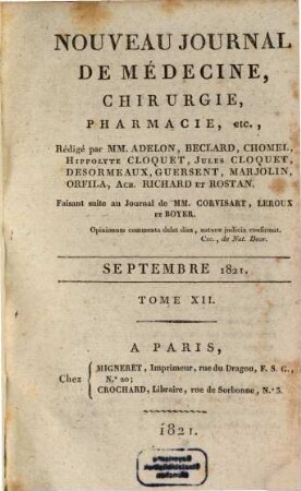 Nouveau journal de médecine, chirurgie, pharmacie. 12, 12. 1821