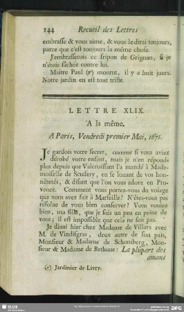 Lettre XLIX. A la même. A Paris, Vendredi premier Mai, 1671