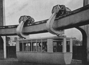 Erste Versuchsstrecke einer einschienigen Schwebebahn : Erste Versuchsstrecke einer einschienigen Schwebebahn. Reproduktion aus: Einschienige Schwebebahnen nach den Patenten Eugen Langen / Herausgegeben von der Continentalen Gesellschaft für elektrische Unternehmungen, Nürnberg, Abteilung für Schwebebahnen. Elberfeld 1899. Seite 16, Abbildung 3