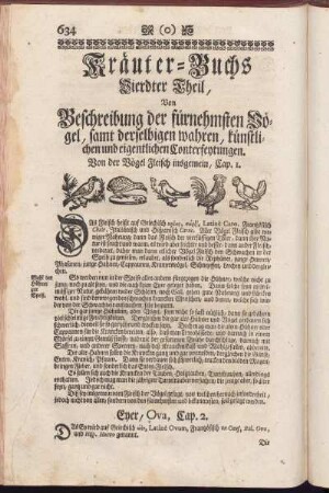 Kräuter-Buchs Vierdter Theil, Von Beschreibung der fürnehmsten Vögel, samt derselbigen wahren, künstlichen und eigentlichen Conterfeytungen