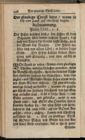 Der glaubige Christ betet, wenn er sich von Hauß auf eine Reise begibt.