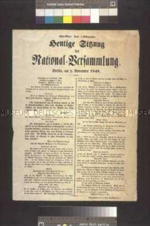 Maueranschlag: Heutige Sitzung der National-Versammlung. Extrablatt über die Sitzung der preußischen Nationalversammlung am 2. November 1848
