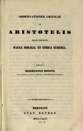 Observationes criticae in Aristotelis quae feruntur magna moralia et ethica Eudemia