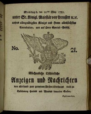 No. 21. Montags, den 21ten May 1781.