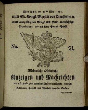 No. 21. Montags, den 21ten May 1781.