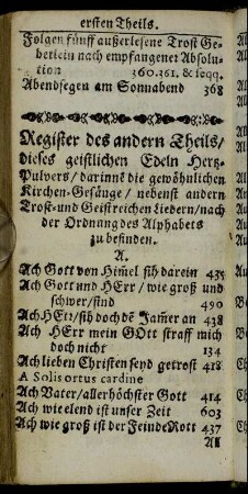 Register des andern Theils dieses geistlichen Edlen Hertz-Pulvers [...]
