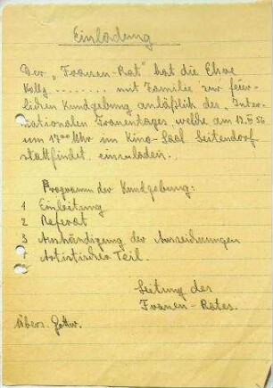 1.2.1 Zusammenarbeit VR Polen: Einladung zur Frauentagsfeier in Zatonie/Seitendorf am 12.3.1956