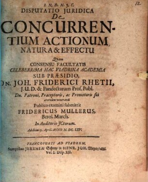 Disputatio Iuridica De Concurrentium Actionum Natura & Effectu