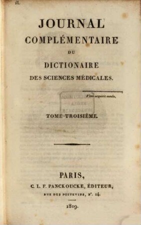 Journal complémentaire du dictionaire des sciences médicales, 3. 1819