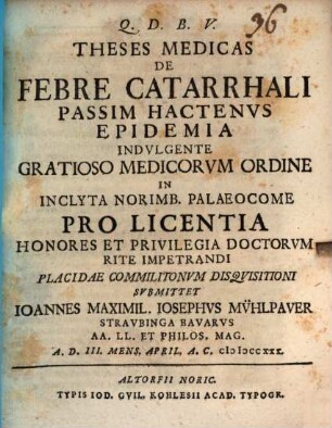Theses med. de febre catarrhali passim hactenus epidemia