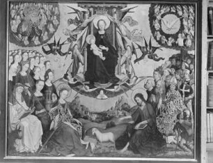 Die Verherrlichung Mariae mit den Heiligen Brigida, Ursula, Barbara, Magdalena, Katharina, Johannes der Täufer und anderen / Marienkrönung