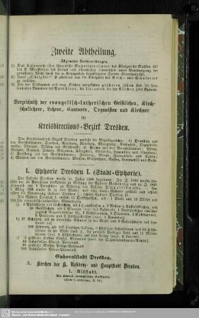 Zweite Abtheilung. Verzeichniß der evangelisch-lutherischen Geistlichen, Kirchschullehrer, Lehrer, Cantoren, Organisten und Kirchner im Kreisdirections-Bezirk Dresden