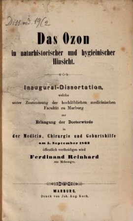 Das Ozon in naturhistorischer und hygieinischer Hinsicht : Inaugural-Dissertation