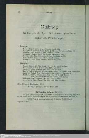 Nachtrag der bis zum 20. April 1898 bekannt gewordenen Zuzüge und Veränderungen