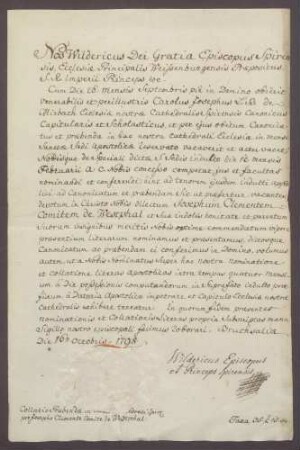 Bischöfliche Kollationsurkunde für den Grafen Joseph Clemens von Westphalen zu Fürstenberg.