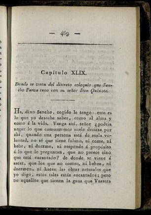 Capítulo XLIX. Donde se trata del discreto coloquio que Sancho Panza tuvo con su señor Don Quixote
