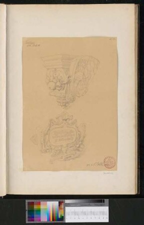 Reliefierte Wappenkonsole von Herzog Ulrich von Württemberg, darunter Rollwerkkartusche mit Namenstafel (Dreiviertelansicht)