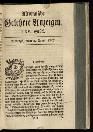 LXV. Stück. Montags, vom 22 August 1757