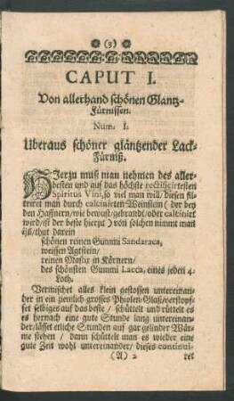 Caput I. Von allerhand schönen Glantz-Fürnissen.
