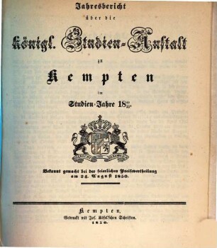 Jahresbericht über die Königl. Studien-Anstalt zu Kempten : für das Schuljahr ... 1849/50 (1850)