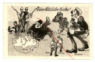Nr. 42: Eine kitzliche Sache! (Die Feindmächte verletzen sich, als sie sich auf dem von Bajonetten starrenden Territorium der Mittelmächte niederlassen wollen) (verboten)