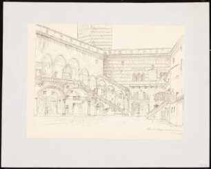 Palazzo della Ragione, Verona Scala della Ragione: Perspektivische Ansicht des Hofes mit der Scala della Ragione