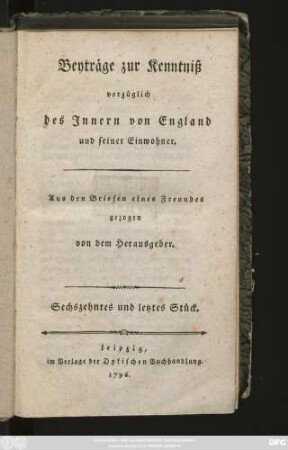 Stück 16: Beyträge zur Kenntniß vorzüglich des Innern von England und seiner Einwohner