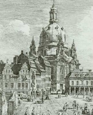 Ansicht des Neumarktes zu Dresden / Galerie Royale (Stallhof) und Frauenkirche, vom Jüdenhof aus