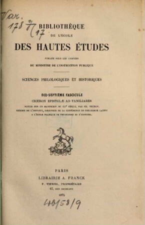 Cicéron : epistolae ad familiares ; notice sur un ms. du XIIe siècle