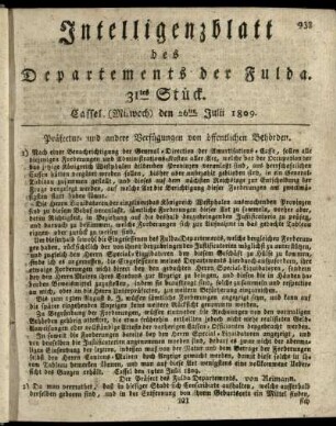 31tes Stueck, (Mitwoch) den 26ten Julii 1809