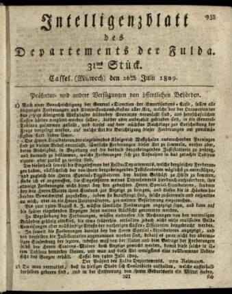 31tes Stueck, (Mitwoch) den 26ten Julii 1809
