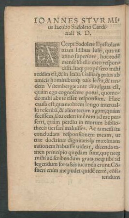 Ioannes Sturmius Iacobo Sadoleto Cardinali S. D.