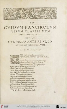 Ad Guidvm Pancirolvm Virum Clarissimum, notitiam Imperii vtrivsqve [...]