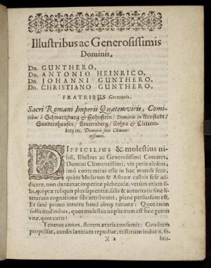 Illustribus ac Generosissimis Dominis, Dn. Gunthero, Dn. Antonio Heinrico, Dn. Johanni Gunthero, Dn. Christiano Gunthero, Fratribus Germanis [...]