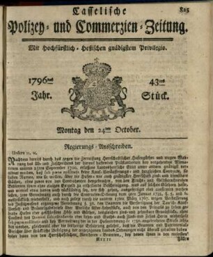 43tes Stueck, Montag den 24ten October 1796