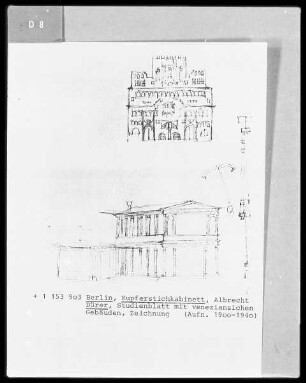 Studienblatt mit Akt, Dachs und Gewandstudie, Folio recto — Venezianische Gebäude, Folio recto