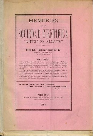 Memorias y revista de la Sociedad Científica Antonio Alzate. 3. 1890, Nr. 11 - 12 = Rev. 1889/90