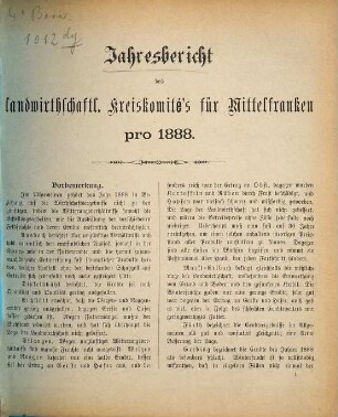 Jahresbericht des Landw. Kreisausschusses von Mittelfranken : für das Jahr .... 1888
