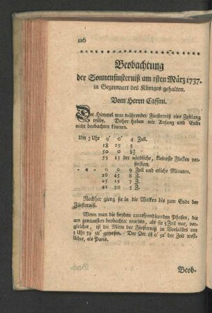Beobachtung der Sonnenfinsterniß am 11ten März 1737 in Gegenwart des Königes gehalten.