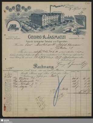 Georg A. Jasmatzi, Fabrik türkischer Tabake und Cigaretten, Dresden : Rechnung