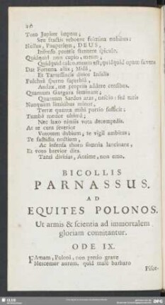 Bicollis Parnassus. Ad Equites Polonos. Ut armis & scientia ad immortalem gloriam connitantur. Ode IX.
