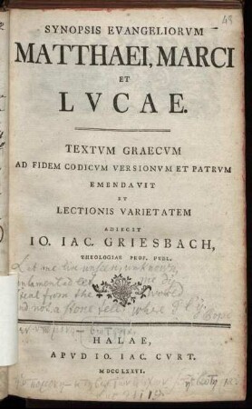Synopsis Evangeliorvm Matthaei, Marci Et Lvcae