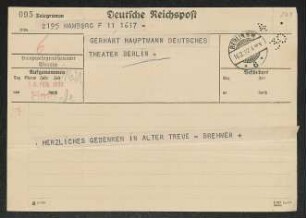 Brief von Fritz Brehmer an Gerhart Hauptmann