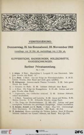 Kupferstiche, Radierungen, Holzschnitte, Handzeichnungen. Berliner Privatsammlung (Nr. 1-770)