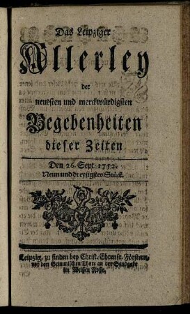 Den 26. Sept. 1752. Neun und dreysigstes Stück.